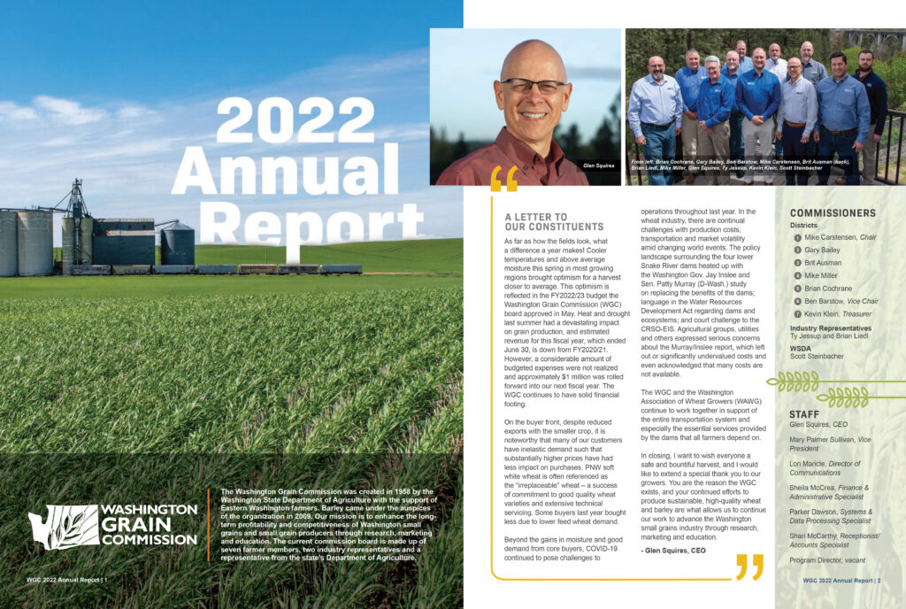 Front cover of the 2022 Annual Report featuring a train parked at an Eastern Washington grain terminal surrounded by young spring wheat. 