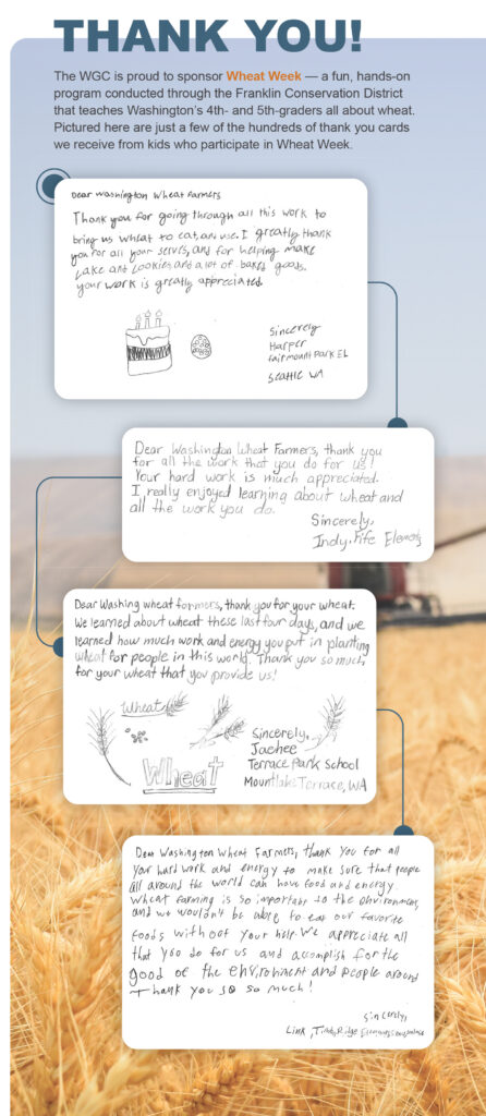 screenshots of hand-written thank you notes from 4th- and 5th-grade students who participated in the Wheat Week program. 