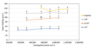 Chart: Impact of seeding rate on grain of hard red winter wheat variety Keldin when averaged across multiple locations within each precipitation zone during the 2022 season.