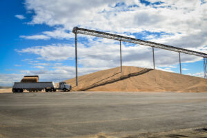 a truck parked by a large grain pile under a blue sunny sky. 