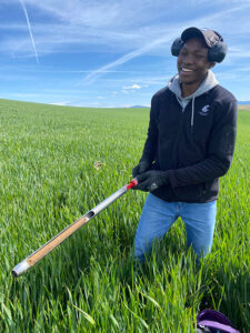 Graduate student David Sande samples a field near Pullman, Wash., for soil carbon fractions.