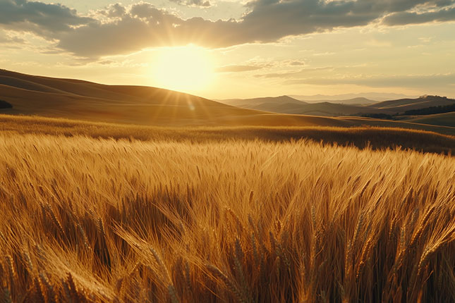 Golden wheat fields swaying in the wind, sun setting behind rolling hills. Adobe Stock by Hassan Ramzan