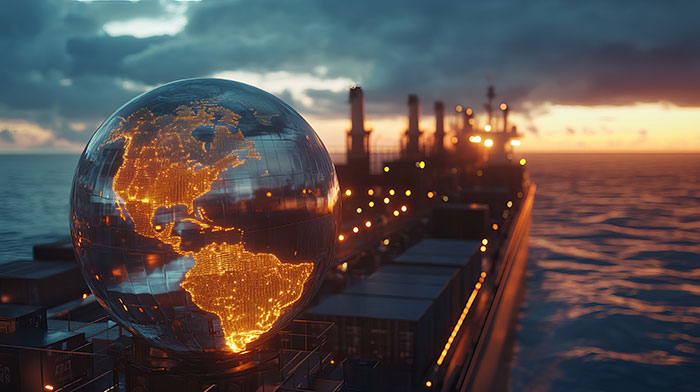 Adobe Stock photo, shipping container with clear globe showing north and south America