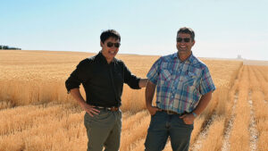 Washington Grain Commissioner Kevin Klein shares laughter with a Korean customer during club wheat harvest tour.