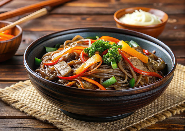 AdobeStock_1487919871 Steaming hot japchae noodles with marinated beef and vegetables in a traditional Korean bowl