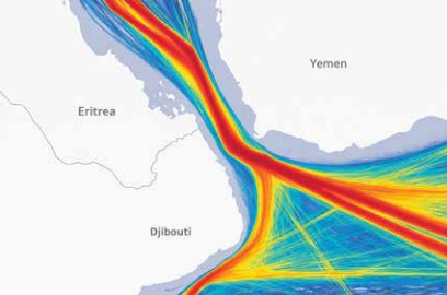 Conceptual rendering based on aggregated AIS vessel-density patterns showing concentrate commercial shipping through the Bab el-Mandeb approaches.