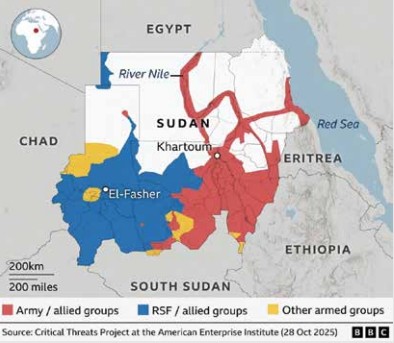 Areas of control held by the Sudanese Armed Forces, Rapid Support Forces (RSF), and 
other armed groups show how conflict constrains food movement across the country.