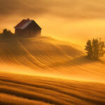 A rustic farmhouse barely visible in thick morning fog over wheat fields.